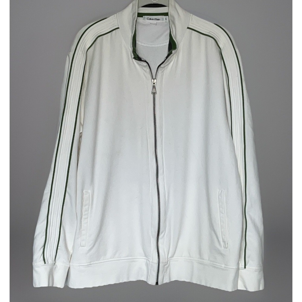 Calvin Klein Track Jacket Twill Cream Green‎ Piping 90s Y2K Full Zip Men's L